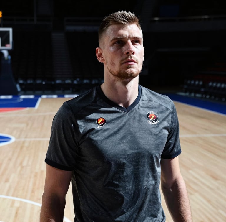 Low-angle heroic shot of Maciej Lampe in a charcoal training jersey, intense focus, dramatic stadium lighting casting sharp shadows, empty hardwood court in the background.