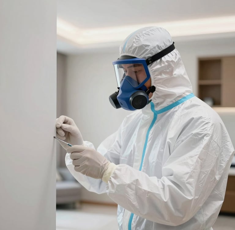 Clinical macro photograph of a professional pest control technician in a pristine white protective suit and respirator, inspecting a clean, modern, high-end apartment interior in Salvador, bright clinical lighting, high clarity.
