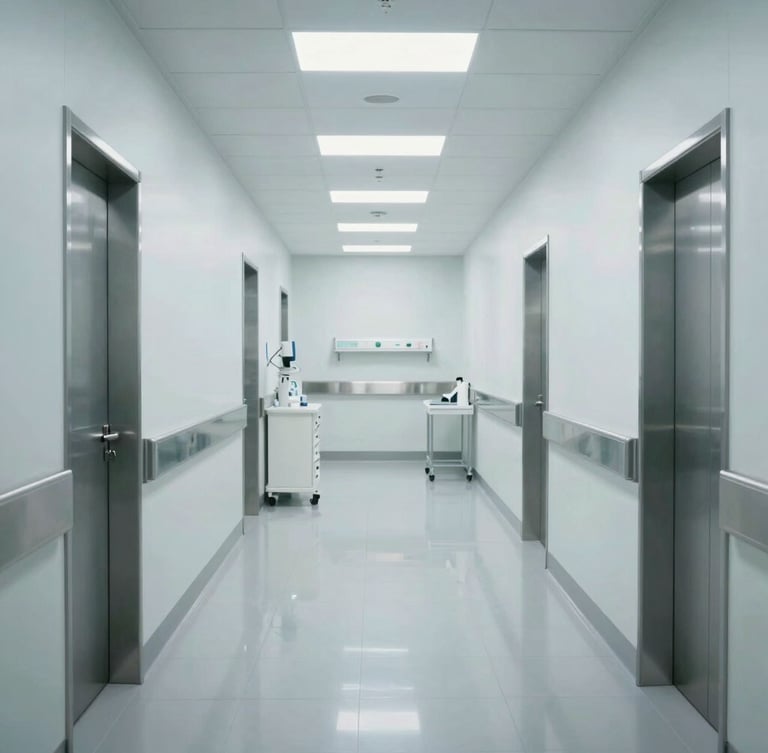 Bright, sterile medical clinic hallway in Itaigara, stainless steel surfaces reflecting clean clinical light, absolute aseptic order, no people.