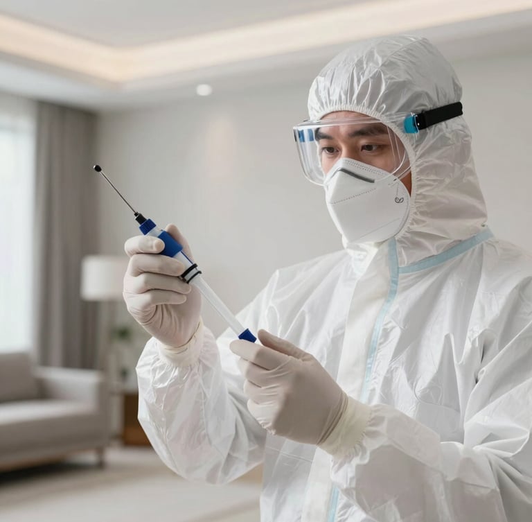 A high-resolution clinical macro photograph of a professional pest control technician in a pristine white protective suit and mask, holding a precise scientific applicator, bright clinical lighting, clean upscale residential interior of a high-end apartment in Itaigara, sharp details, negative space on the left.