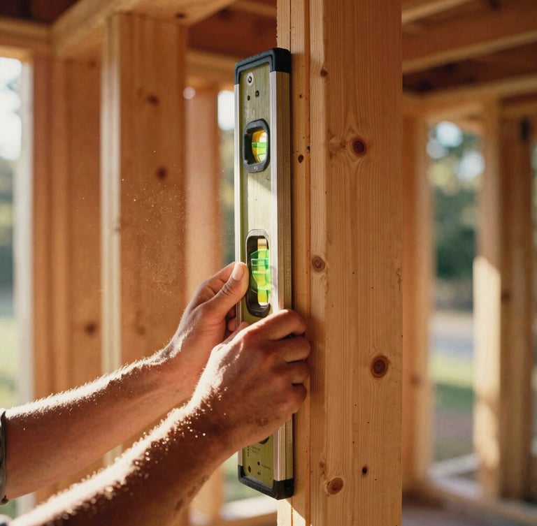 Close-up shot of hands holding a wooden level against a newly framed pine wall, warm sunlight filtering through tree leaves, dust motes in the air.