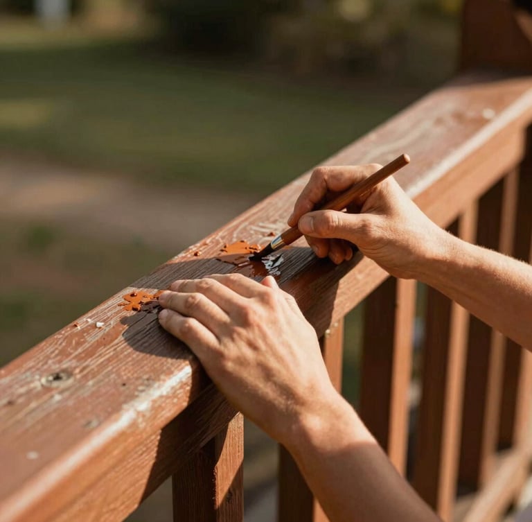 Close-up of a volunteer's hands painting a wooden porch railing, warm sunlight, rich terracotta and olive tones, shallow depth of field