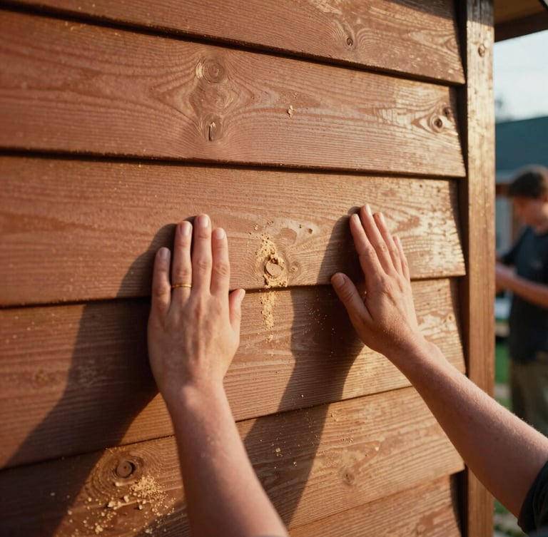 Close-up of hands framing a wooden house wall, warm golden-hour sunlight catching sawdust, volunteers in the background, 35mm film style.