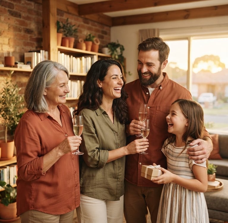 A warm-toned photograph of a family celebrating their new home, golden-hour sunlight, candid medium shot focusing on shared smiles, 35mm film style.