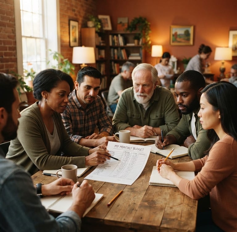 Warm interior lighting, a diverse group of adults gathered around a wooden table in a Georgia community room, looking attentively at a home budget worksheet, 35mm film style