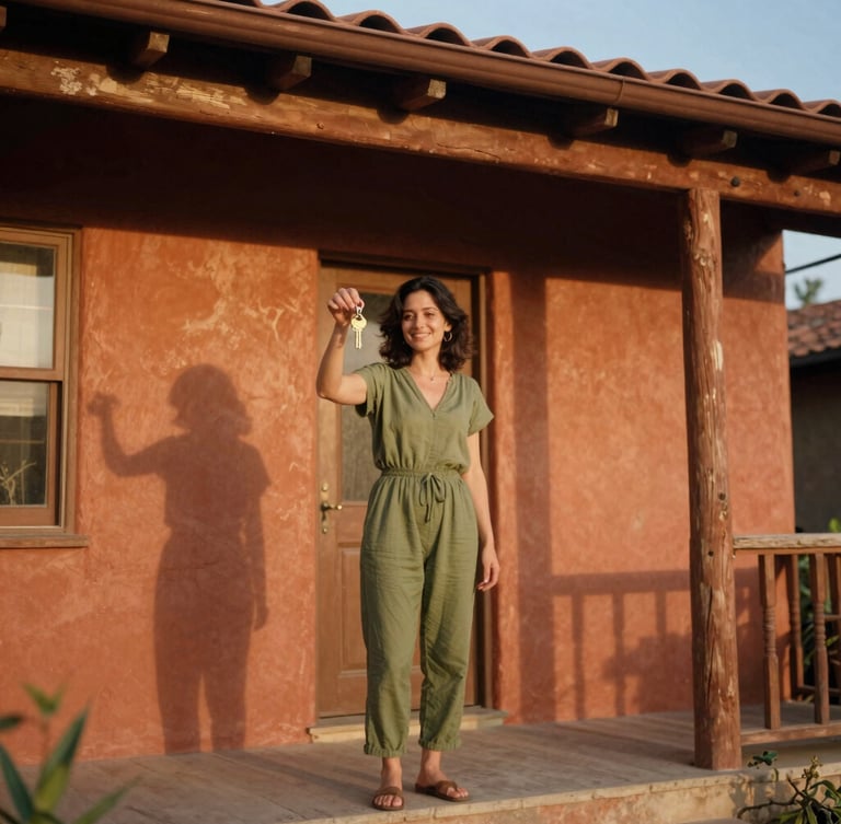 A smiling woman standing on the front porch of a warm terracotta-colored house, holding brass keys, soft golden-hour light casting long shadows, 35mm film