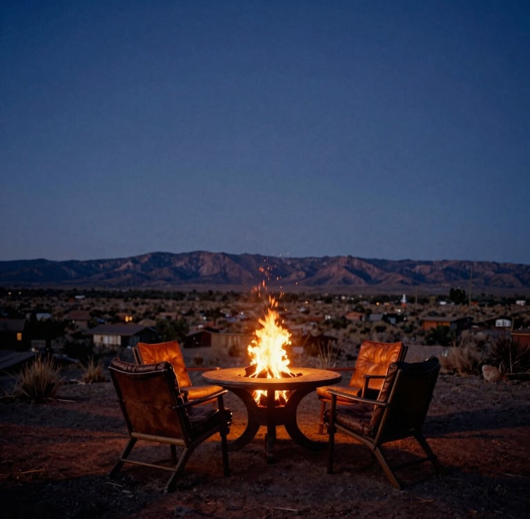 Wide environmental shot of the Santa Fe high-desert landscape at dusk, deep indigo twilight sky, warm amber firelight glowing from an outdoor table with leather chairs.
