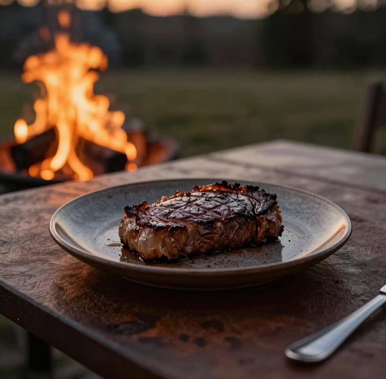 Low-lit outdoor table at golden hour with a perfectly seared steak on a rustic plate, textured leather, flickering firelight, warm moody photography.