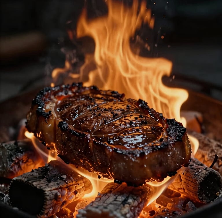 A close-up 35mm film shot of thick prime cuts of steak searing over glowing wood-fired embers, high contrast, warm amber light, deep shadows.
