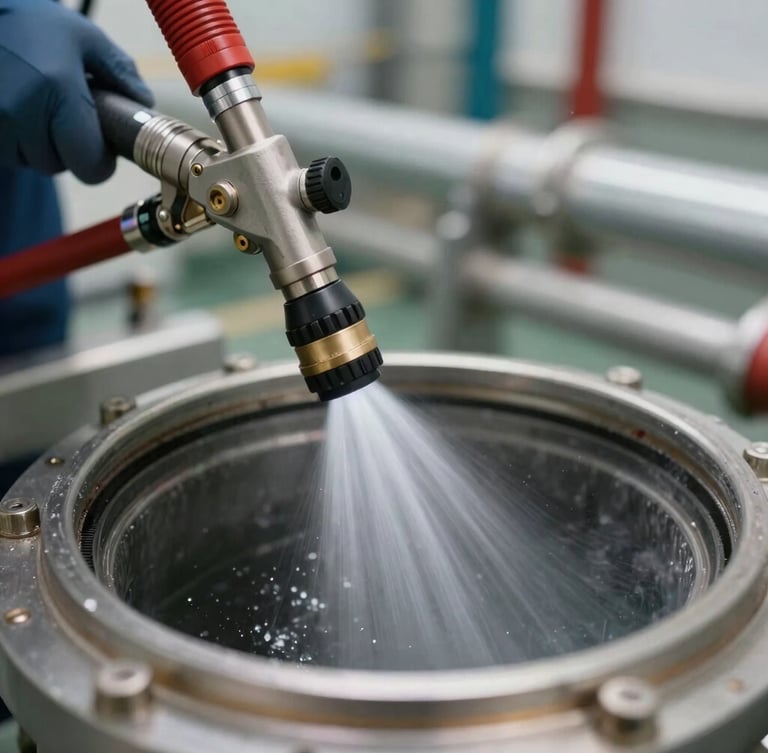 Close-up of a high-pressure hydro-jetting nozzle emitting a precise water spray inside a clean technical pipeline, sharp focus, professional lighting