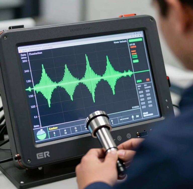 Close-up of a high-tech geophone screen showing digital acoustic wave frequencies, held by a technician in a clean navy blue uniform, sharp focus, technical lighting.