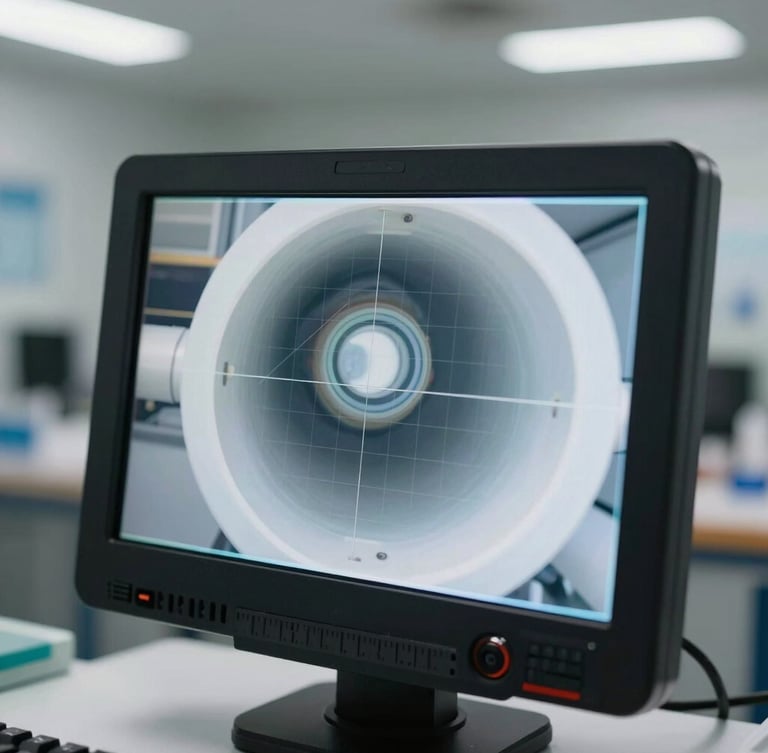 Macro shot of a high-definition video inspection screen displaying the clean interior of a PVC pipe, sharp focus on the digital grid overlay, bright technical workspace lighting.
