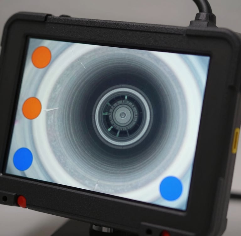 Close-up macro shot of a modern high-definition video inspection screen displaying a clean pipe interior, sharp contrast orange and blue indicators, professional plumbing diagnostic equipment.