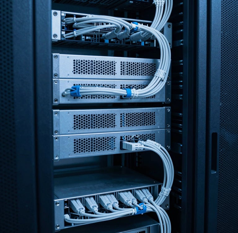 Cool technical photography of a clean server rack with precise cabling, low-key blue and white lighting, sharp focus, 35mm