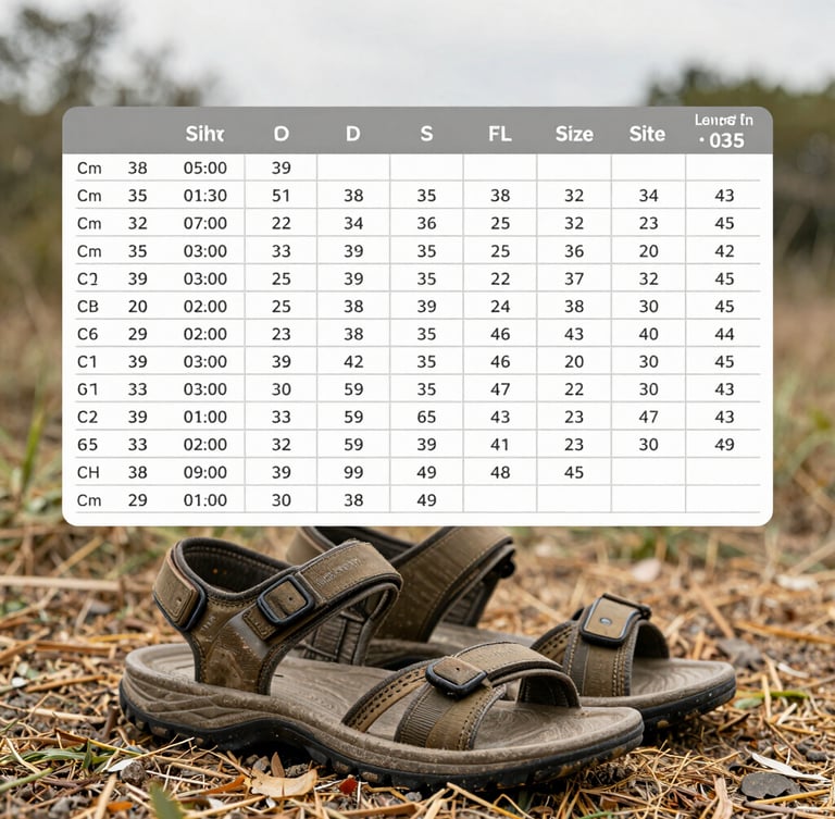 Detailed size chart for CLUSTONIT sandals, showing foot length in cm and corresponding sandal sizes (39-43), clear typography, natural lighting, shot from slightly above, earthy tones