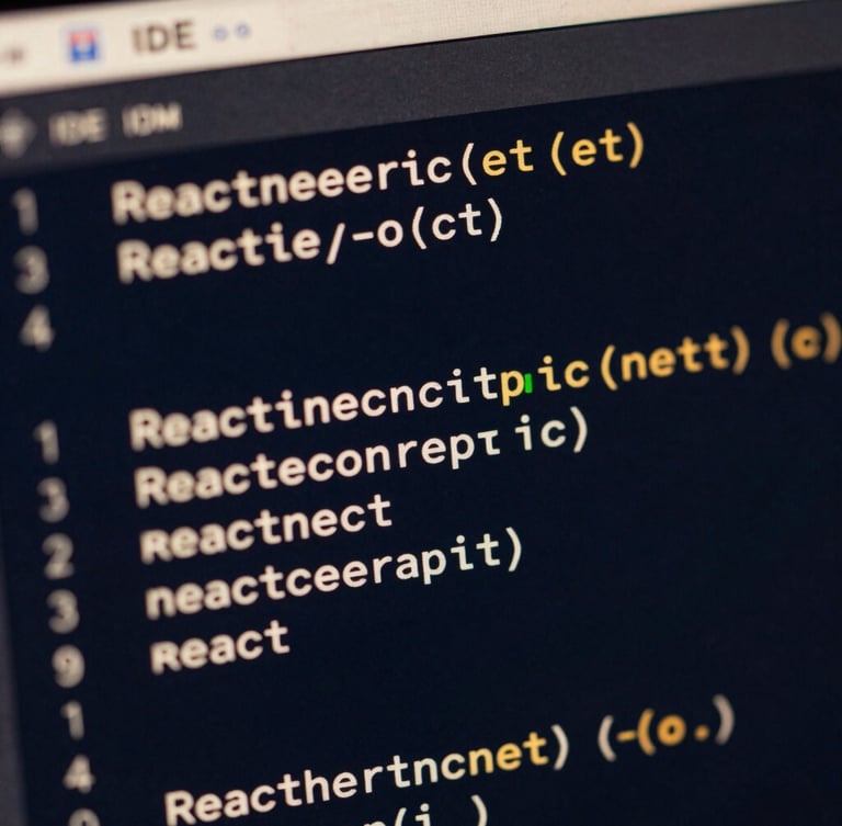 Macro close-up of high-fidelity IDE showing clean React code and structured schema markup, deep midnight navy background, warm gold accent lighting, sharp focus