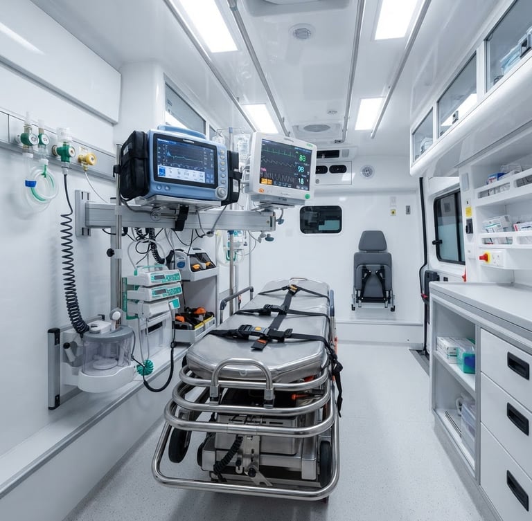 Spotless interior of a modern ICU ambulance, showing a calibrated transport ventilator and multipara monitor, bright clinical lighting, sharp focus, wide shot.