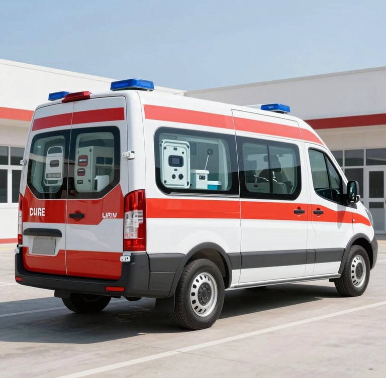 Spotless exterior of a modern, red and white ICU ambulance parked in a clean, well-lit medical facility bay, showing advanced life support equipment visible through windows, clear daylight, sharp focus.