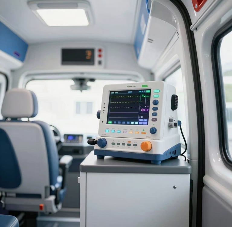 Spotless ambulance interior with a ventilator monitor displaying active readings, clear clinical lighting, sharp focus.