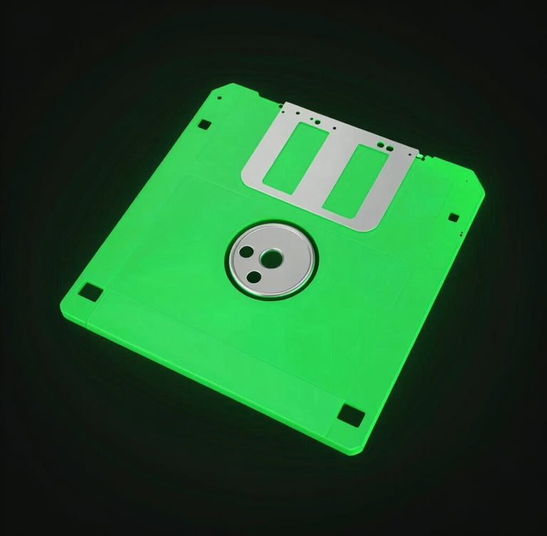 lo-fi digital 3d render of a spinning green floppy disk, neon glow, dark cybernetic mood