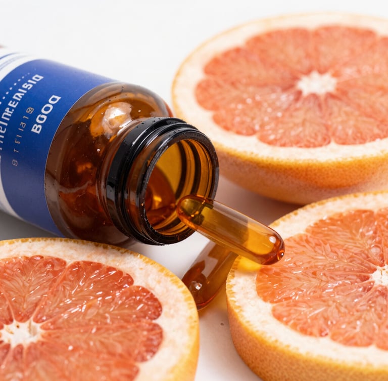 Macro close-up of a premium amber supplement bottle resting next to vibrant sliced grapefruits, sharp focus, 50mm lens, warm sunny highlights