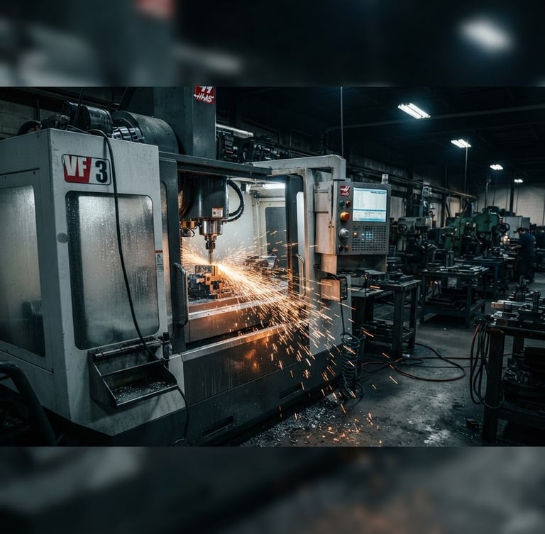 Wide panoramic of a heavy CNC milling machine in action, sparks flying from the cutting tool, high-contrast industrial lighting, cool steel tones with warm amber sparks, sharp details, 50mm lens, subject slightly off-center to the left.