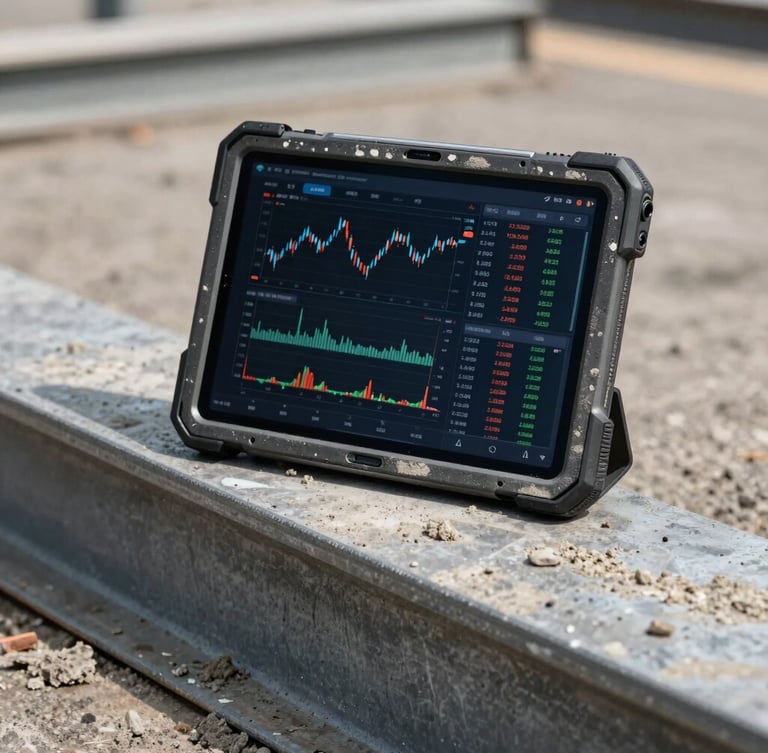 A ruggedized tablet covered in concrete dust sitting on a raw steel beam, displaying real-time financial tracking software, harsh midday sun