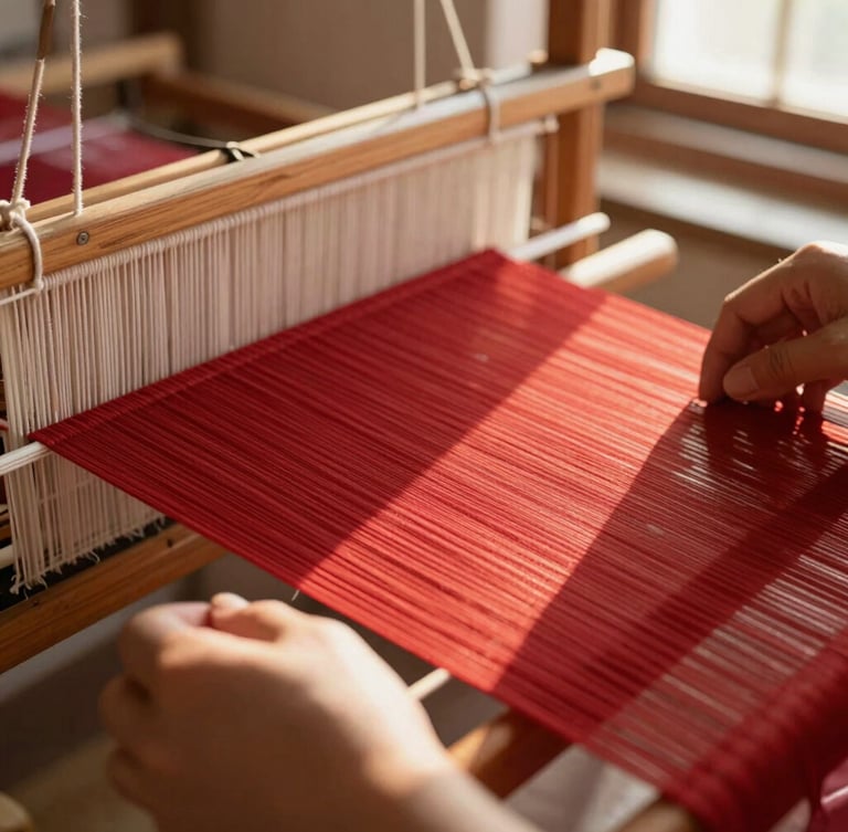 Extreme close-up of hands working on a wooden hand-loom, rich crimson threads catching soft warm window light, shallow depth of field, fine textile details.