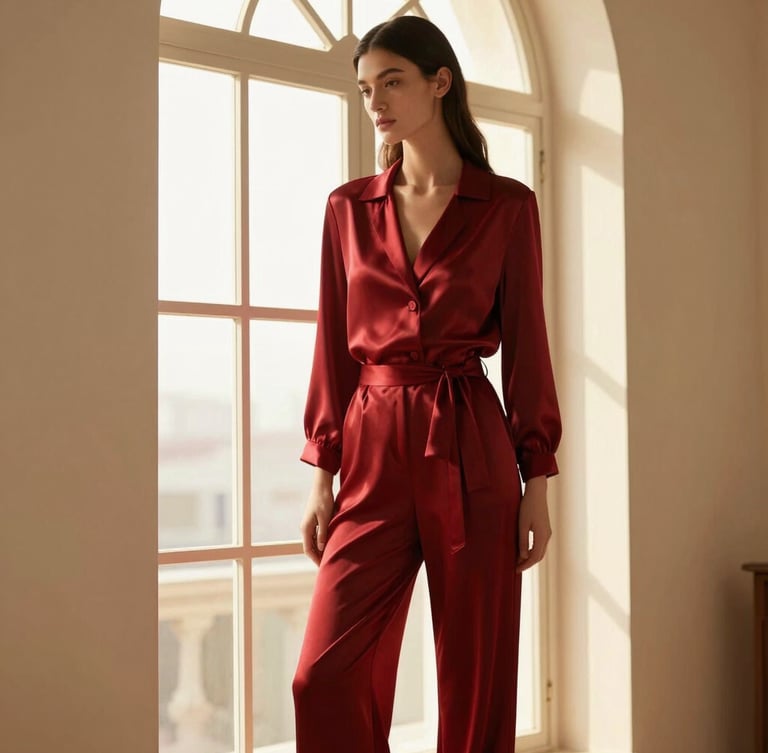 Editorial fashion portrait of a model wearing a crimson silk co-ord set, standing elegantly by a tall arched window with soft golden-hour light.