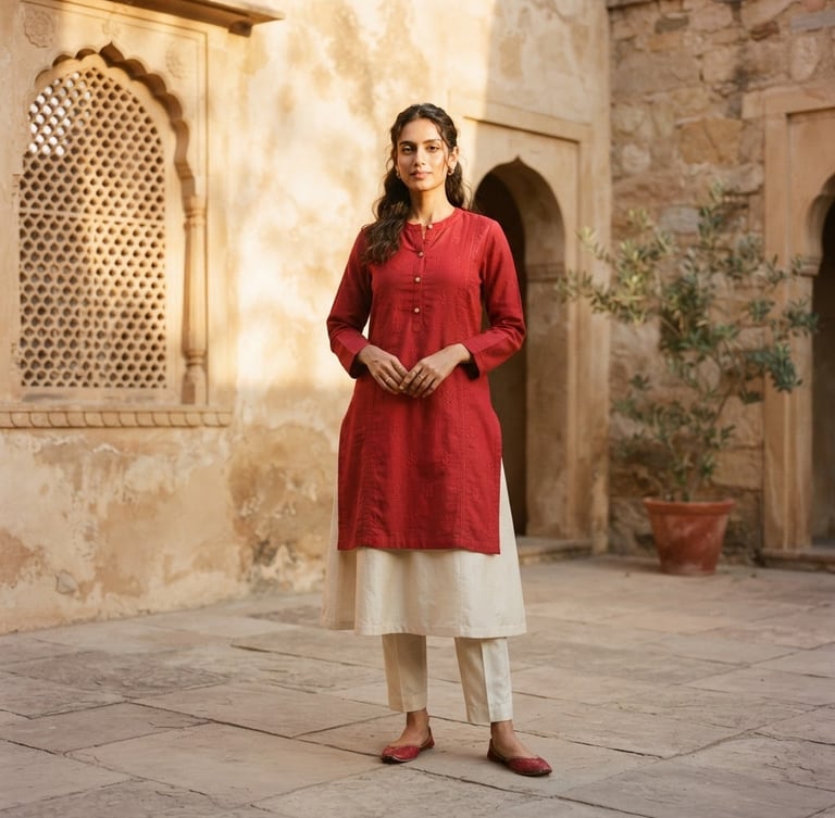 Editorial full-body portrait of a model in a structured crimson kurti standing in a sun-drenched minimalist stone courtyard, warm golden-hour window light, soft shadows, Bodoni aesthetic.
