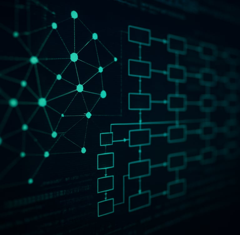 Macro close-up of a high-resolution terminal screen displaying complex green node graphs and ledger transaction flows on a dark background, cool screen-glow, sharp focus