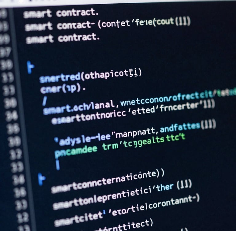 Macro shot of a high-resolution terminal screen displaying smart contract execution logs and nested code lines, cool blue screen-glow, sharp focus.