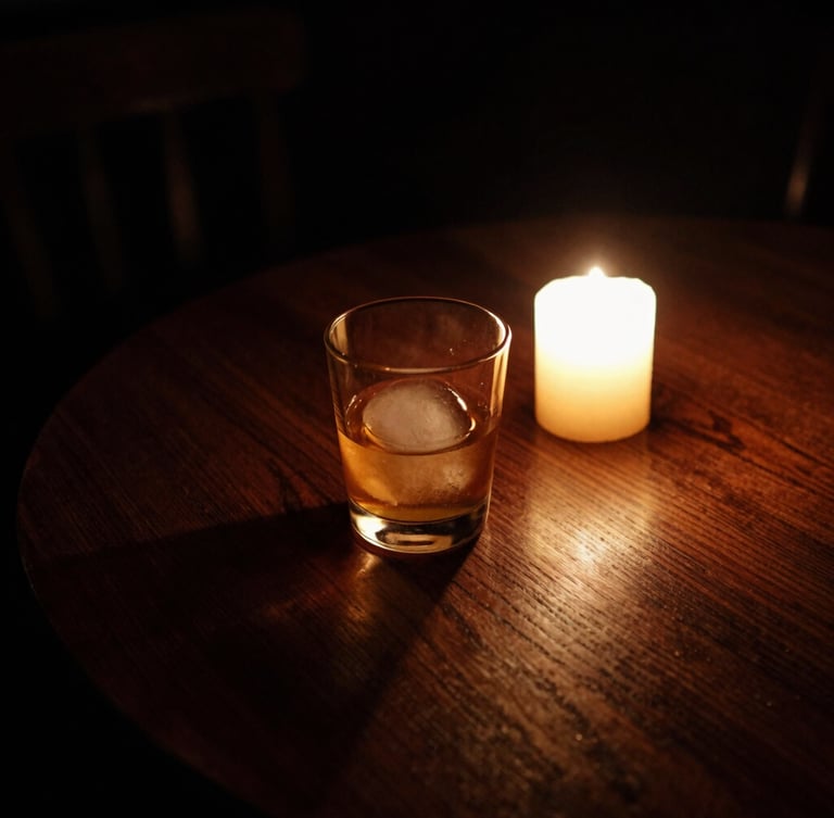 Moody low-key photography of a candle-lit wooden table in a dark cellar tavern, a glass of amber liquid with a single large ice sphere, deep shadows, warm glow.