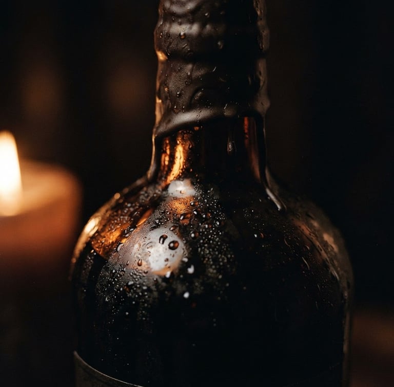 Tight macro shot of candlelight reflecting off a wax-dipped bottle of amaro, condensation beads on dark glass, deep shadows, amber glow, 35mm film grain