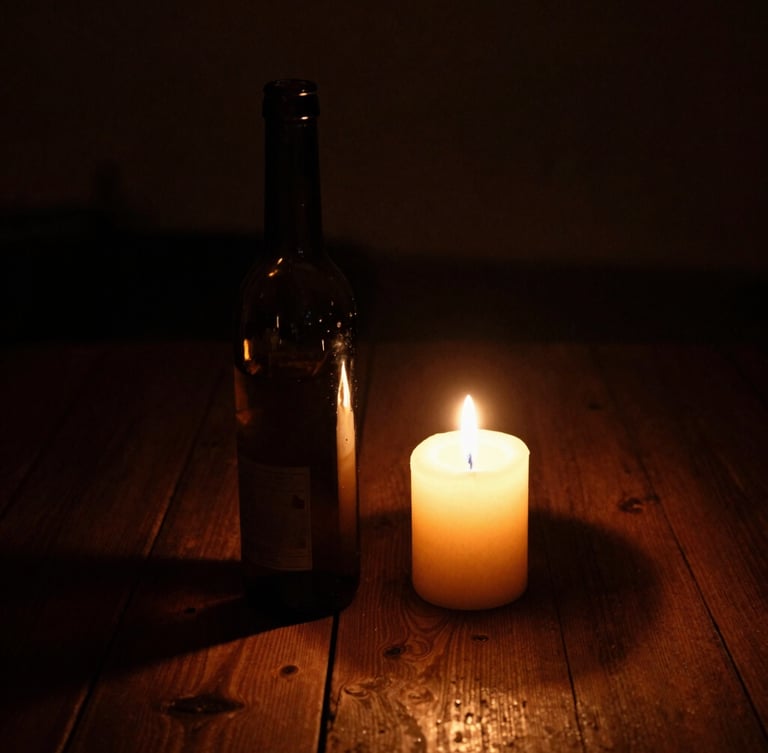A tight vertical portrait of a wax-dipped dark glass bottle next to a single glowing candle on a rough wooden table, deep shadows, amber highlights, moody 35mm film grain.