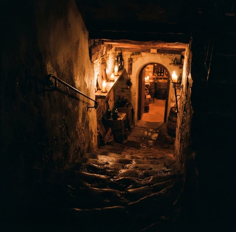 Moody low-key photography of a dark stone staircase leading down into a warm amber-lit basement, candle glow, deep shadows, 35mm film grain.