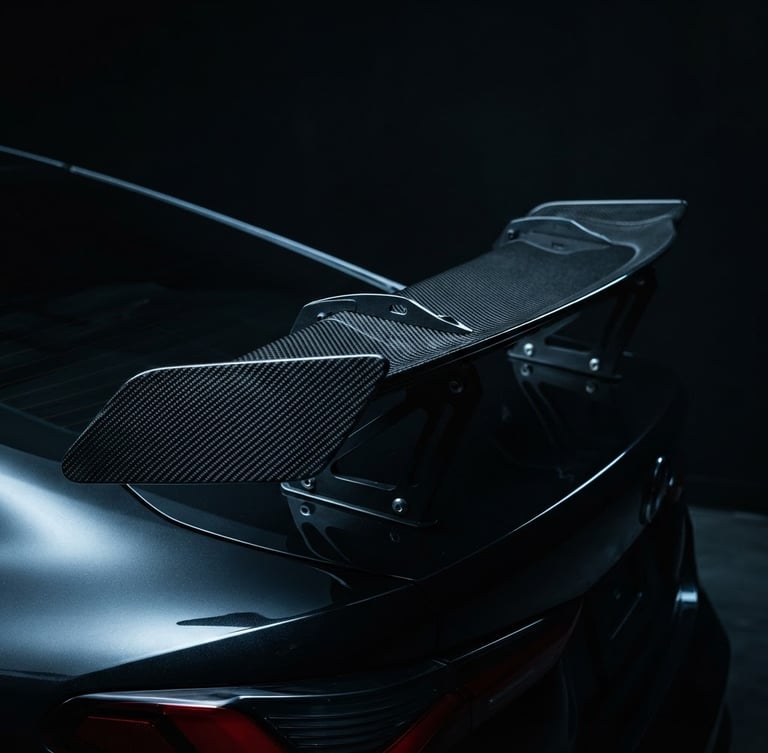 Sleek automotive photography of a high-performance carbon fiber spoiler with dramatic studio rim lighting, cool dark tones, sharp detail.