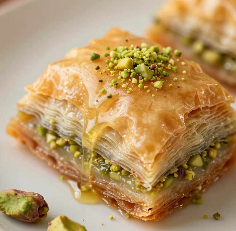 Overhead macro shot of glistening golden baklava layers, warm afternoon side-light, syrup dripping slowly, rich pistachio crumbs on top, shallow depth of field
