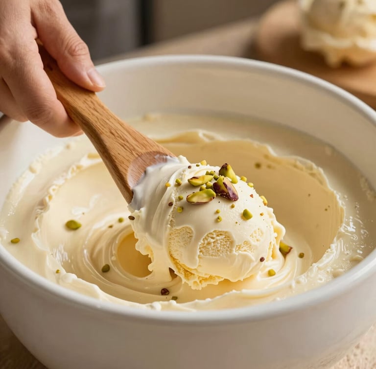 Warm editorial food photography of authentic Maraş ice cream being stretched by hand with a traditional wooden paddle, soft afternoon side-light, rich cream and pistachio tones.