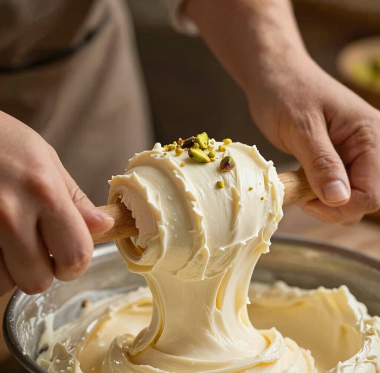 Close-up of hands traditional kneading and stretching thick Maraş ice cream on a wooden hook, warm afternoon light, rustic background.