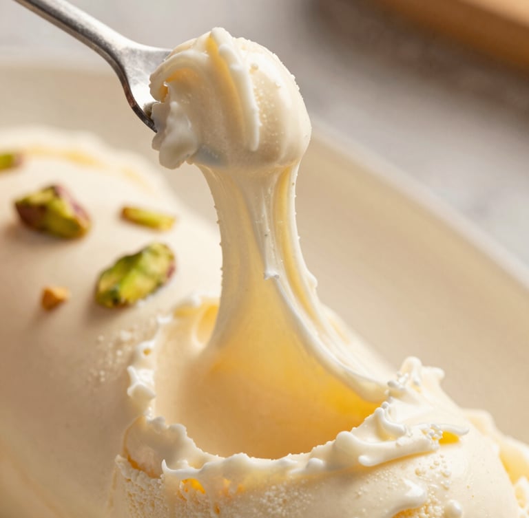 Macro close-up of thick, stretching Maraş ice cream being pulled with a metal hook, warm afternoon side-light, rich cream background, shallow depth of field