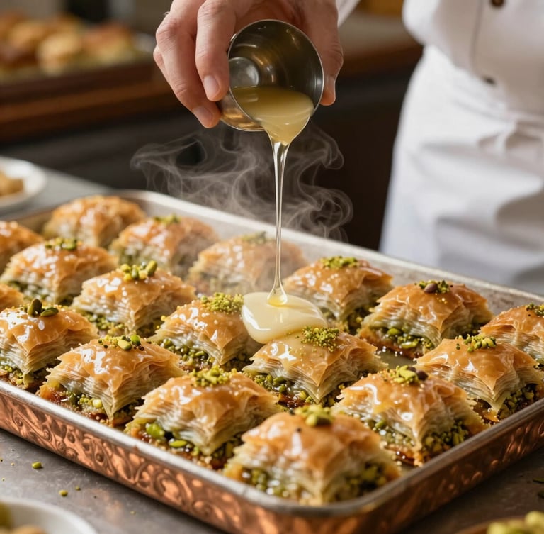 A master pastry chef gently pouring hot clear syrup over a tray of freshly baked golden baklava, steam rising, traditional copper tray, warm bakery background