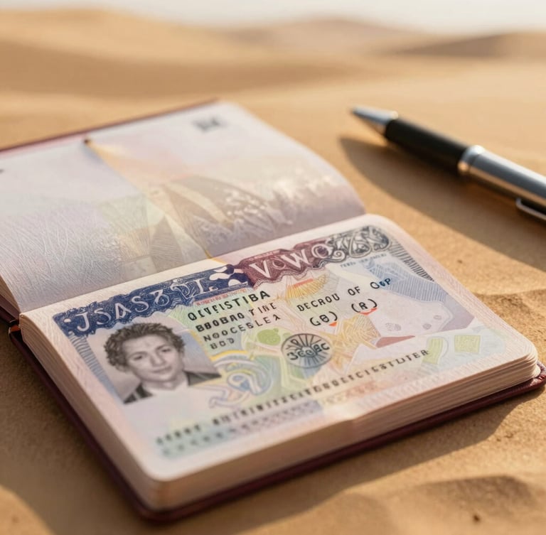 Close-up of a passport open to a visa page, with a clean desk surface, soft golden light, and a pen nearby, conveying precision and official documentation.