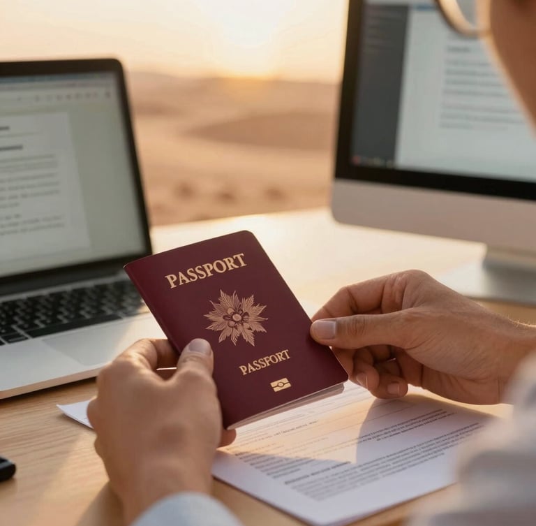 Close-up of a visa specialist's hands meticulously reviewing a passport and application form on a desk, with a computer screen showing a digital document, warm golden hour light.