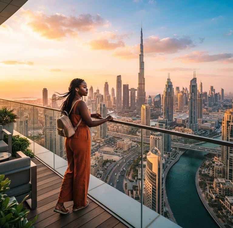 Wide shot of Dubai skyline at golden hour, a diverse traveler looking out over the city from a high vantage point, warm light