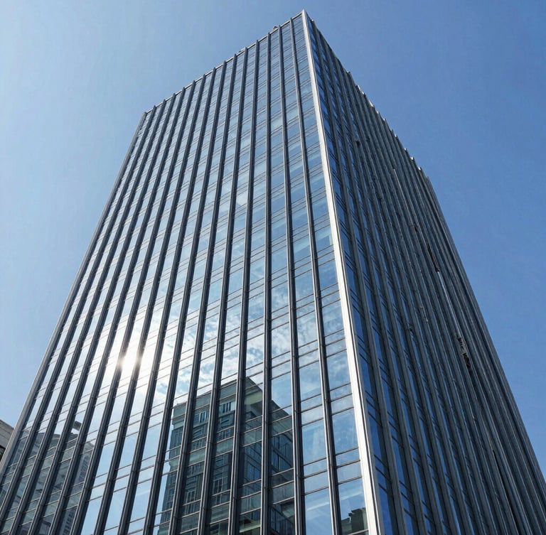 Low-angle architectural photography of a towering commercial glass facade reflecting a bright blue sky, sharp daylight, steel blue tones, crisp details.