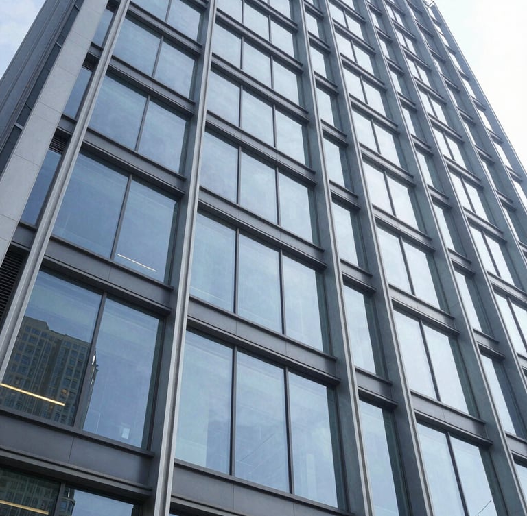 Low-angle shot looking up at a massive commercial building facade, crisp daylight reflecting off structural glazing, steel columns framing the glass, professional architectural photography
