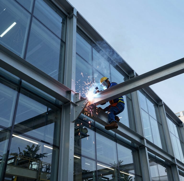 Inside a modern heavy fabrication facility in Airoli, Navi Mumbai, a skilled technician in safety gear welding a structural steel facade bracket, bright sparks flying, industrial lighting.