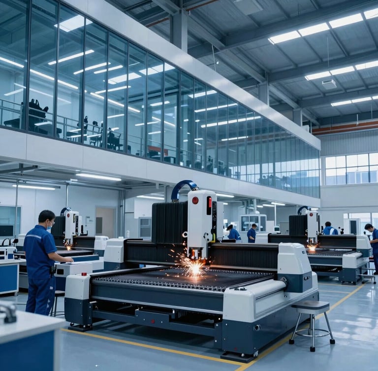 Inside a modern high-tech fabrication workshop, skilled technicians operating advanced CNC cutting machinery with sparks flying, cool blue industrial lighting.