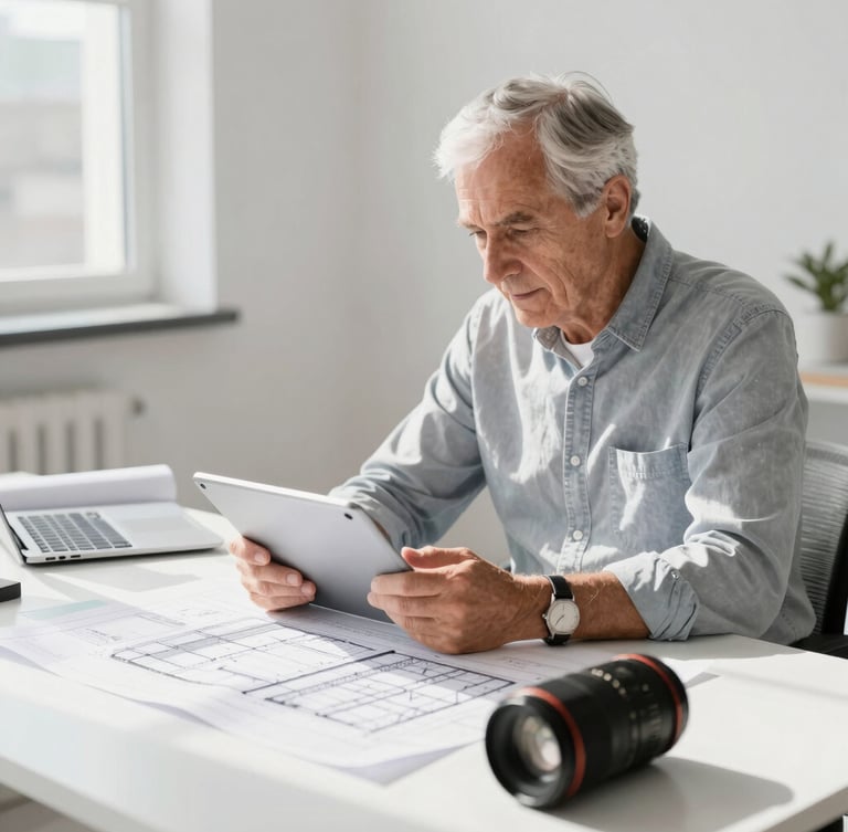 A focused senior professional in a clean modern workspace reviewing architectural plans on a tablet, bright natural daylight, high-contrast shadows, 35mm lens